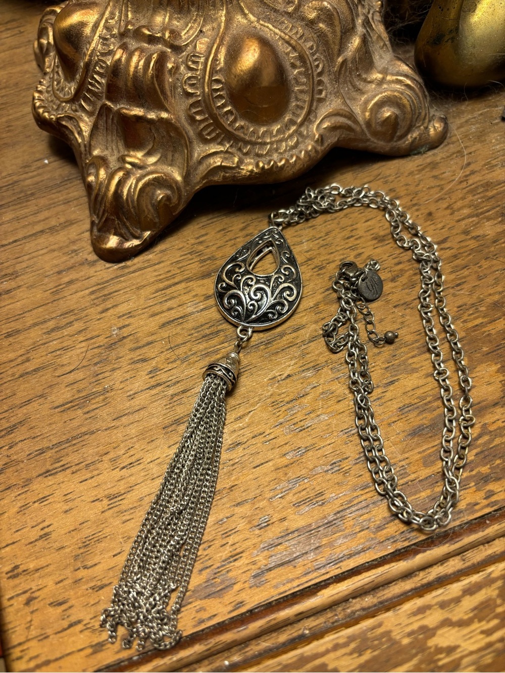 Silver-Tone Filigree Teardrop Tassel Sweater Necklace